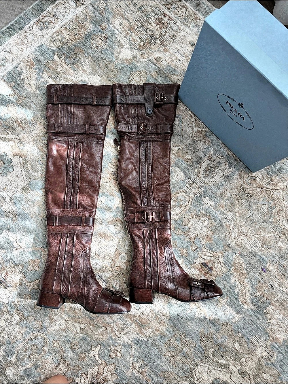 Runway Prada Capra Leather Over-The-Knee Tall Low Heel Boots Brown Size 37 EU - Picture 6 of 17